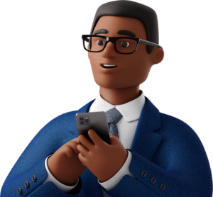 business 3d close up of black businessman in blue suit with phone looking aside