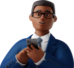 business 3d close up of black businessman in blue suit with phone looking straight