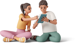 casual life 3d girl and boy sitting with tablet 1