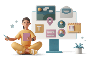 casual life 3d girl with tablet and working process on desktop