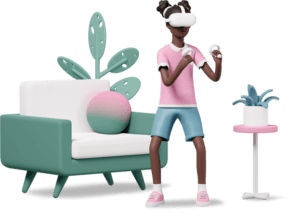 casual life 3d girl with vr headset playing video games at home