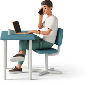 casual life 3d side view of man sitting in front of laptop and talking on phone