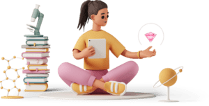 casual life 3d young woman studying magical pink gemstone